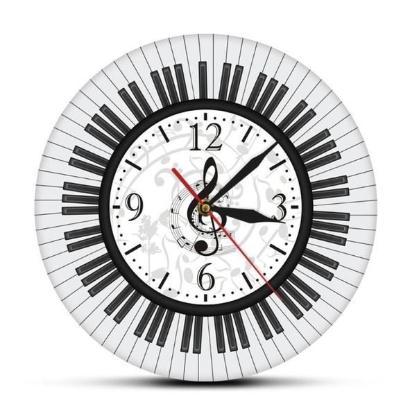 Музыкальные ноты черно-белые настенные часы Декор музыкальной студии Пианист Подарок Пианино Клавиатура Скрипичный ключ Искусство Современные часы Clocks9573126