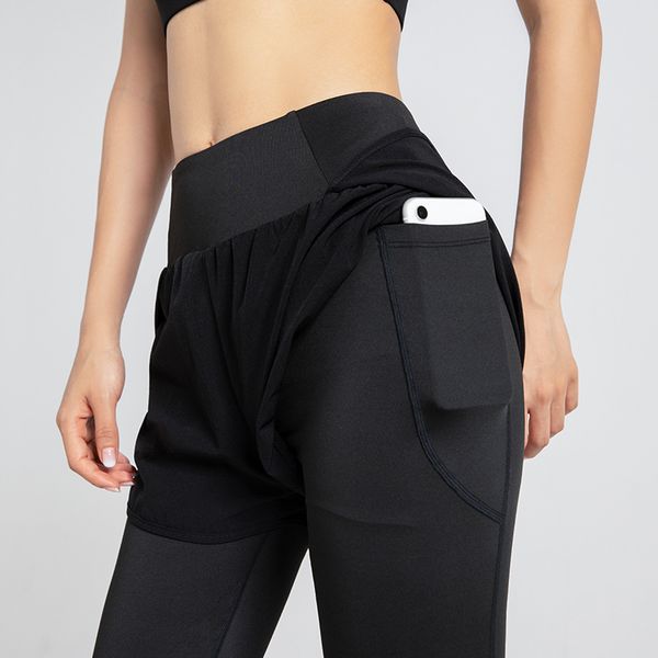 Calças de yoga elásticas para levantamento de quadril com bolso falso duas peças de esportes apertados femininos cintura alta fitness secagem rápida treino leggings de corrida