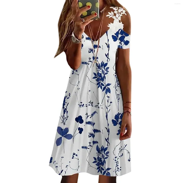 Casual Kleider Mode Off Schulter Spitze Nähte Druck Kleid Frauen Sexy Kurzarm Urlaub Party Nacht Boho Dame Vestidos