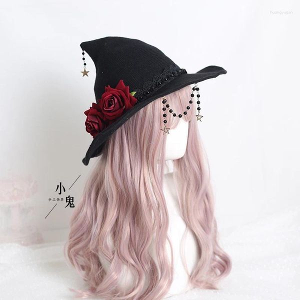 Articoli per feste Nero gotico Halloween Cappello da strega Fiocco Lolita Floppy Plaid lavorato a maglia Mago