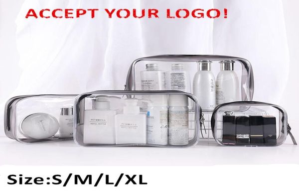 Viagem Bolsas de cosméticos transparentes PVC Mulheres com zíper transparente de maquiagem banheira de banheira de lavagem de lavagem de beleza Organizador Aceitar Logo PR7637539