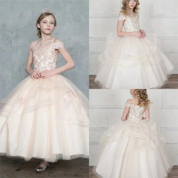 Mädchenkleider, Blumenkleid, weiß, flauschig, Tüll, Applikation, gerade Schulter, Hochzeit, elegant, für Kinder, Kommunion, Versammlungsparty