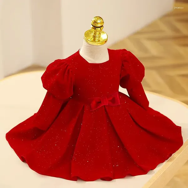 Платья для девочек, детское выходное платье, модное вечернее платье для девочек на день рождения, с длинными рукавами, красный маленький цветок, принцесса