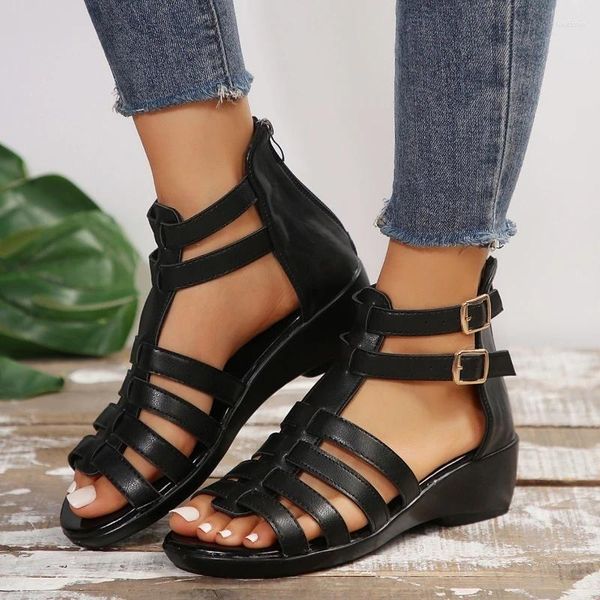 Sandalen PU Sommer Reißverschluss Damenschuhe zum Verkauf 2024 Mode Peep Toe Solid Flat mit lässigen GLADIATOR Sandalia