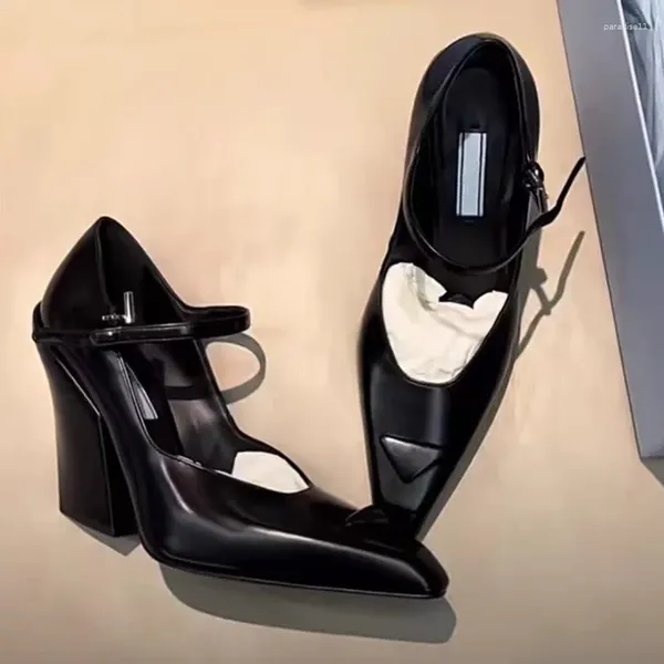 Sapatos de vestido gradiente triângulo padrão saltos grossos para mulheres 2024 linha vintage com cabeça pontiaguda mary jane único salto de cunha sexy