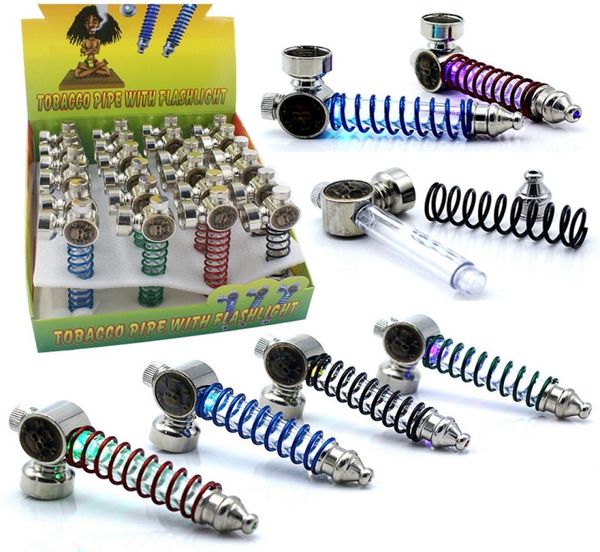 Tubo a molla LED Light Skull Tubi per fumatori Metallo portatile lampeggiante Mini tabacco Pipa a mano Colorato Bruciatore a nafta Tubo Mini Pipes5928524