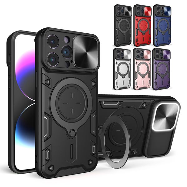 Slide Camera Lens Armor Stoßfeste Metallringhalterung Ständer Magnetische Hüllen Heavy Duty Cover für iPhone 15 14 13 12 11 Pro Max 14 Plus Google Pixel 8 Pro