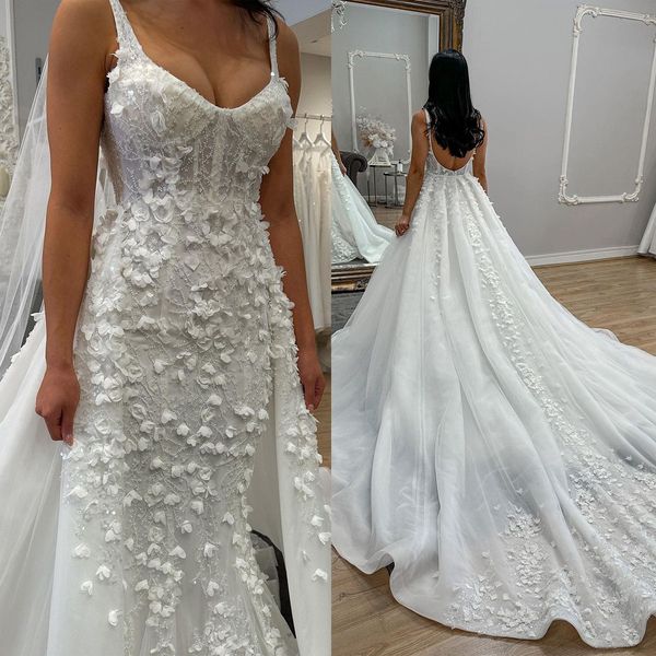 Romantico senza spalline Abiti da sposa a sirena Treno staccabile Pizzo Fiori 3D Abiti da sposa Senza maniche Backless Sweep Train Vestido De Novia