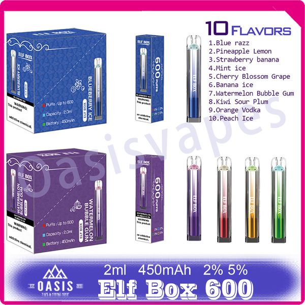 Authentic Elf Box 600 Одноразовая электронная сигарета 450 мАч Аккумулятор 2% 5% Уровень 2 мл Pod VS SKI Crystal Bar 600 10 вкусов