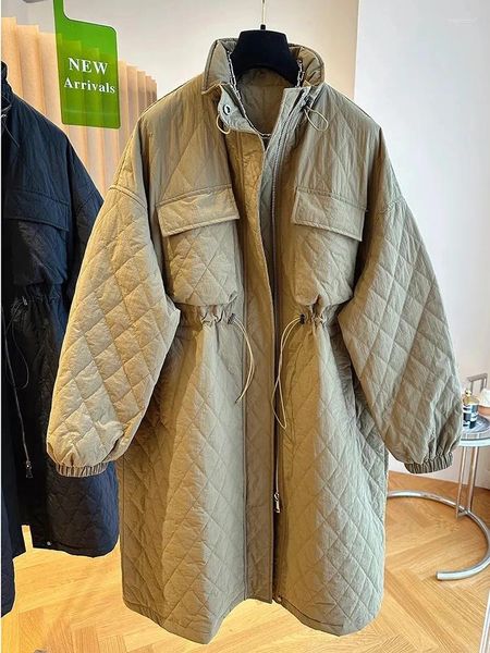 Casacos de Trench das Mulheres 2024 Outono Inverno Mulher Solta Cordão Cintura Rhombus Algodão-acolchoado Casaco Long Windbreaker Casaco com Algodão Feminino