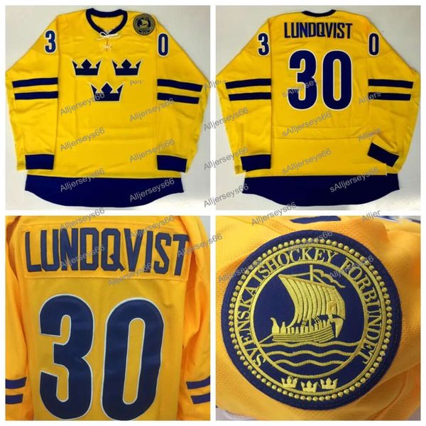 2014 Takım İsveç Hokey Forması Erkekler 30 Henrik Lundqvist Vintage Sarı Ed Jersey S-XXXL Buz Forması