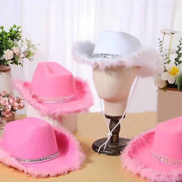 Berets Furry Brim Chapéu de Cowboy para Mulheres Ampla Role Play Cowgirl Festa de Casamento Adereços Acessórios de Cabeça de Solteira