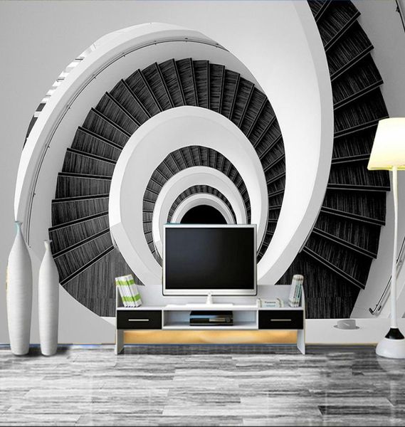 Moderno criativo 3d personalizado po mural papel de parede preto e branco redemoinho escada simples e elegante sala estar pano de fundo 6508024