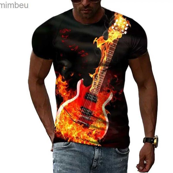 Erkek Tişörtleri Yaz Moda Gitar Resim Tişörtleri Erkekler için T-Shirts 3D Baskı Tees Hip Hop Kişilik Yuvarlak Boyun Kısa Kol240110