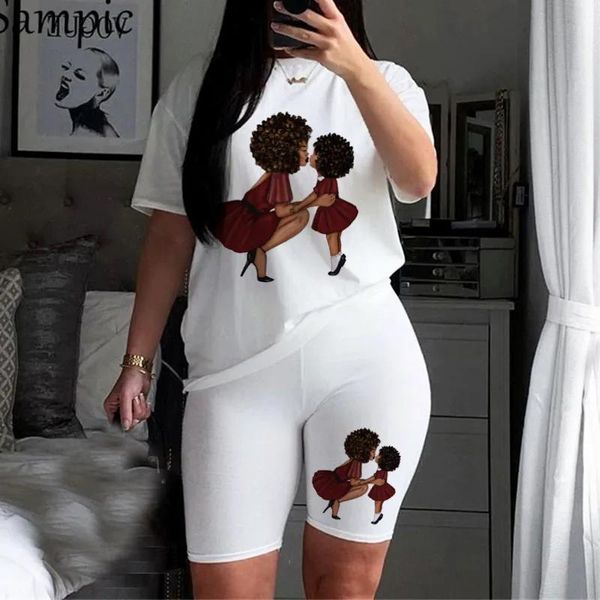 Camisetas Poppin Mom Twopiece Set WomenBlack Africano Cabelo Encaracolado Menina Dos Desenhos Animados Tops Casual Streetwear Engraçado Sexy Terno Calças e Tees