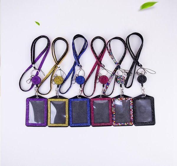 Rhinestone Bling Lanyard Id Card Tutucu Kristal Elmas Kolye Boyun Kayışı Yatay Aslı Kimlik Rozeti Tutucu ve Anahtar Zinciri DB9179036