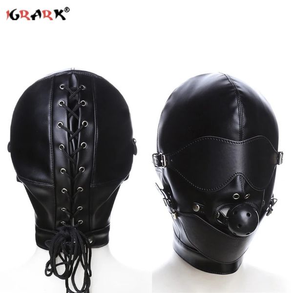 Bondage BDSM Sex Mask Fetish Hood com Gags Couro Sensory Deprivation Hood Adulto Jogos de Escravos Cabeça Cheia Brinquedos Sexuais para Mulheres Homens 240109