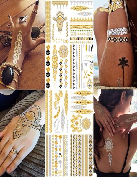 Wasserdichter Flash Metallic Tattoo Aufkleber Gold blockierende temporäre Tattoos Mode Henna Pfauenfeder Design Aufkleber Paster WS009167686