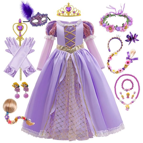 Prenses kız için çocuk rapunzel elbise, cosplay kostüm bebek cadılar bayramı Noel karnavalı doğum günü partisi fantezi 240109
