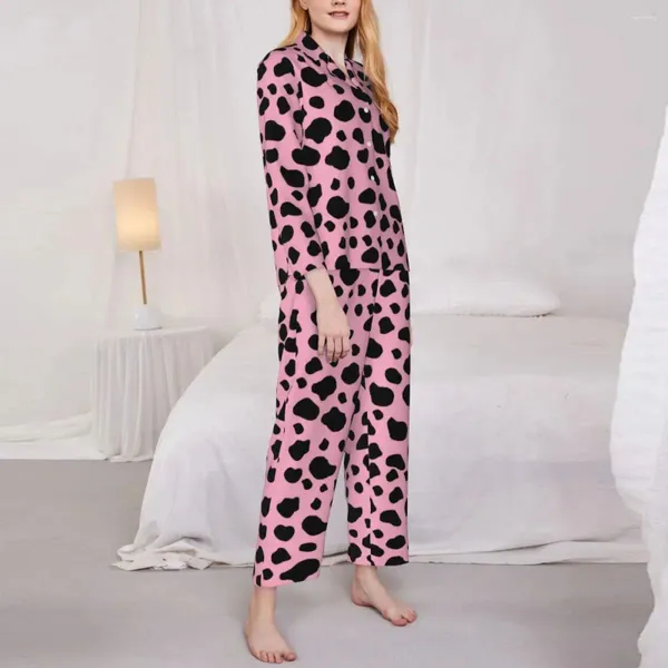 Damen-Nachtwäsche, Kuh-Punkte-Pyjama, Damen-Tierhaut-Druck, trendige Freizeit, Herbst, 2-teiliges Vintage-Oversize-Grafik-Set