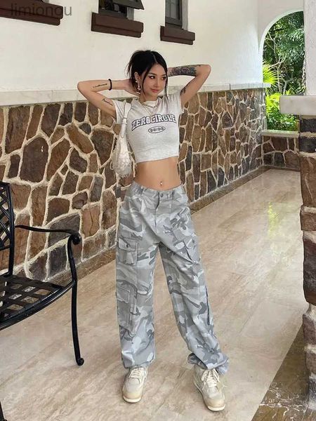 Damenhosen Capris Frauen Casual Grau Camouflage Cargohose Y2K Frühling Herbst 2023 Mittlere Taille Breite Beintaschen Hosen Baggy Streetwear HipHop PantL240110