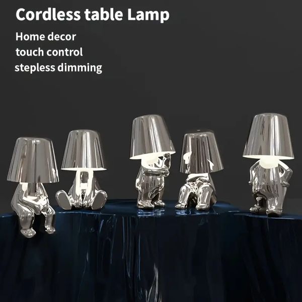 Lampada da tavolo con controllo touch da comodino 1pc, lampada da tavolo a LED con statua del pensatore in argento con porta USB, lampada da comodino moderna dimmerabile a 3 vie