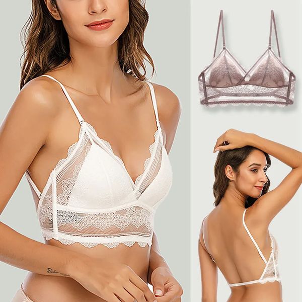 Reggiseno di pizzo sexy Deep U Backless Bralette Triangolare Morbido senza soluzione di continuità Biancheria intima da donna Reggiseni trasparenti con schienale basso Biustonosz Canotte 240110