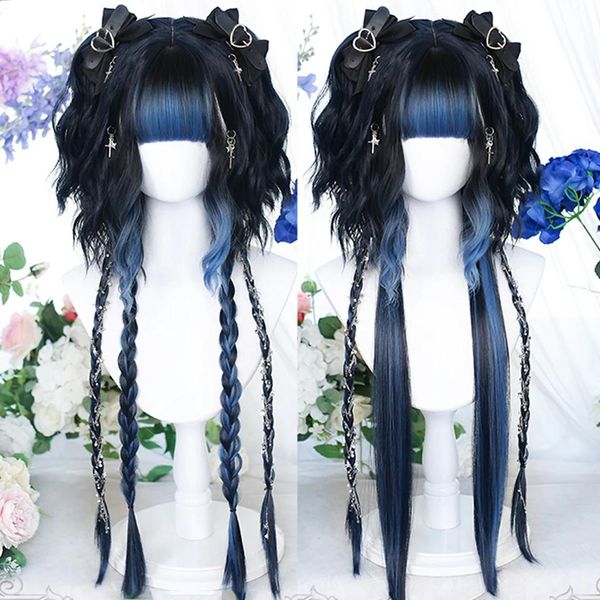 Perücken HOUYAN synthetisch Langes gewelltes Haar und glatte blaue Highlights Damen-Fransenperücke Cosplay Lolita rosa Perücke Hitzebeständige Partyperücke