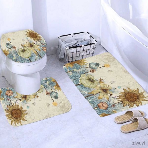 Tende da doccia Decorazioni per la casa Fiore Girasole Set di tende da doccia impermeabili con copriwater Tappetini da bagno Tappeto antiscivolo da bagno