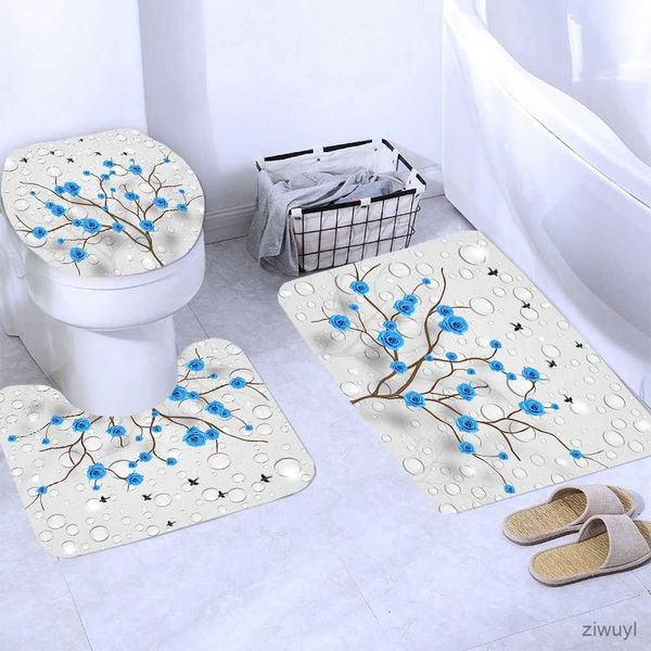 Rideaux de Douche Ensembles de Rideaux de Douche Fleurs Bleues Arbres Tapis antidérapants Housse d'abattant de Toilette et Tapis de Bain Rideaux de Salle de Bain imperméables Tissu imprimé