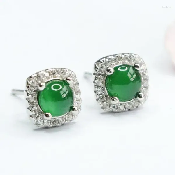 Orecchini a bottone Orecchini a bottone quadrati con zirconi di giada birmana in argento sterling S925 di giadeite verde imperiale di grado naturale autentico