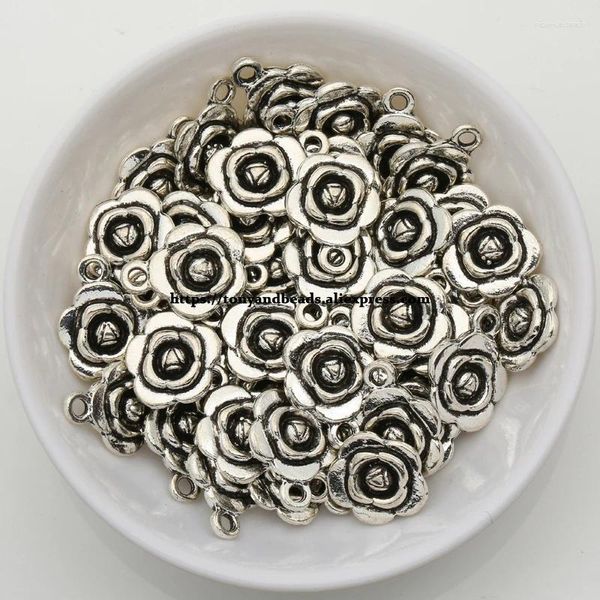 Anhänger-Halsketten (50 Teile/los), Zinklegierung, tibetisches Silber, europäischer Charme, flache Rosenform, Größe 16 x 12 mm, HA-2254