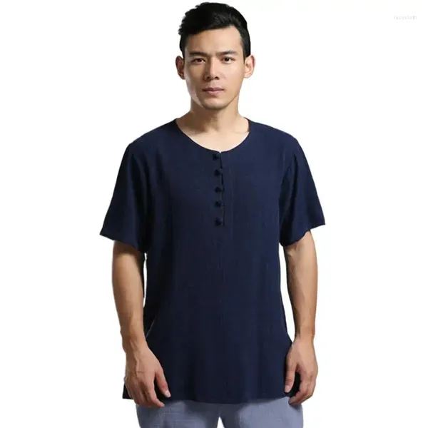 Männer Casual Hemden 2024 Sommer Stil Chinesische Vintage Männer T-shirt V-ausschnitt Kurzarm Leinen Tops Für Plus Größe Kleidung 5XL