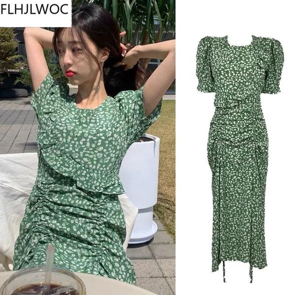 Sortos de moletons verdes vestidos vintage verdes Mulher gostosa de verão de manga curta fofa coreia design design japonês design de estilo desenho corda longa maxi vestido