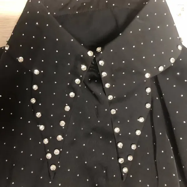 Женские блузки, блестящие бриллианты, шелковистый шифон и рубашки для женщин, 2024, корейский черно-белый топ с длинным рукавом, Blusas