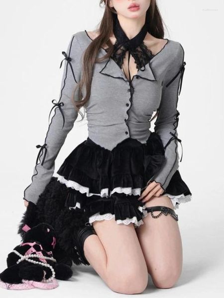 Vestidos de trabalho arco y2k conjunto de duas peças feminino retalhos slash neck bolo doce mini saia terno feminino coreano moda designer casual 2024
