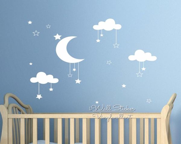 Baby-Kinderzimmer-Wolken-Sterne-Wandaufkleber, Mond-Wolken-Wandaufkleber, Kinderzimmer-Dekoration, einfache Wandkunst für Kinder, geschnittenes Vinyl3755382