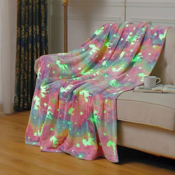 1pc Glow In The Dark Coperta Unicorno Flanella Coperta da tiro Morbida e calda Coperta da divano Coperta leggera per bambini 240109