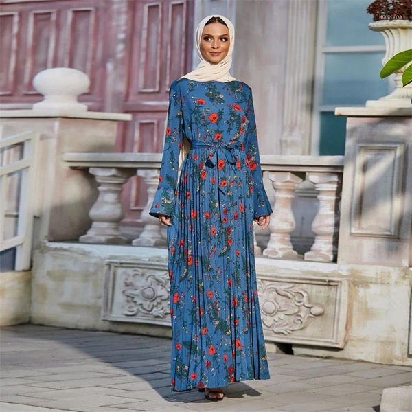 Abbigliamento etnico Abito maxi floreale per donna 2024 Eid O Neck Flare Manica lunga Pieghe Swing Elegante cintura Arabo Oman Musulmano africano Coagulo