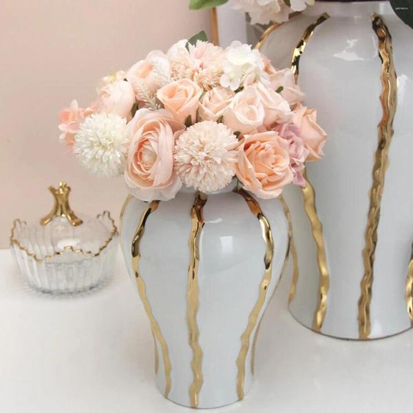 Garrafas de armazenamento de porcelana gengibre jar display branco vaso de cerâmica para festa em casa arranjo de flores jar geral vaso de bordas douradas