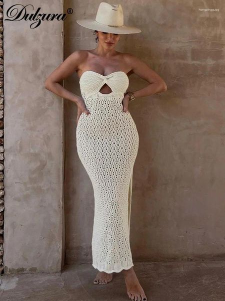 Casual Kleider Dulzura Gestrickte Frauen Tube Maxi Kleid Häkeln Outfits Aushöhlen Bodycon Sexy Party Club Strand Y2K Streetwear