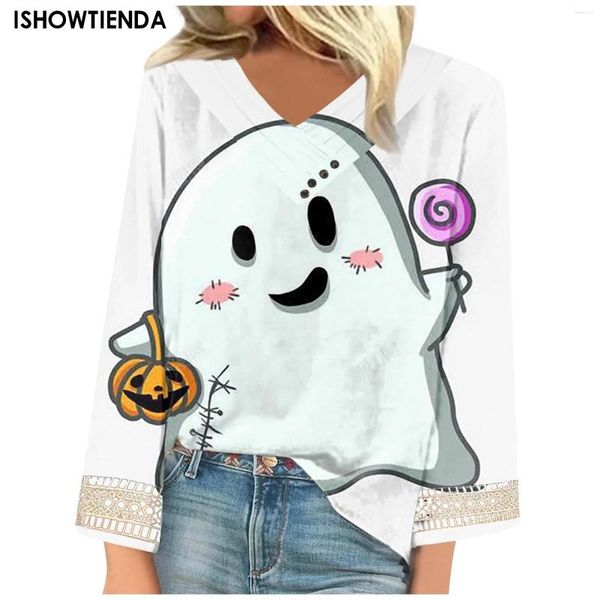 Mulheres camisetas Mulheres Blusa Halloween Impresso Moletom Senhoras V Pescoço Manga Longa Casual Solto Fantasma Streetwear Pulôver Tops Outono