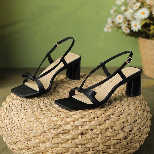Sandali eleganti punta quadrata moda estiva fibbia alla caviglia tacchi alti squisite decorazioni con fiocco décolleté semplici tacchi a spillo per feste all'aperto