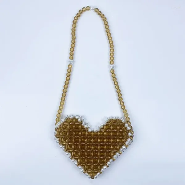 Akşam Çantaları Özelleştirilmiş Boncuklu İnci Aşk Tasarımı Omuz Çanak Çantası El Dokuması Yaz Şeftali Kalp Modası Mini Ruj Cüzdan Kadınlar