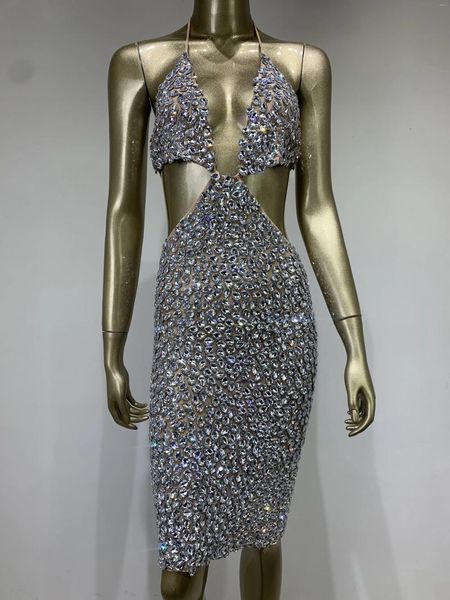 Vestidos casuais verão mulheres luxo brilhante cristal diamante cinta elástica sexy pendurado pescoço aberto vestido de festa palco desempenho traje