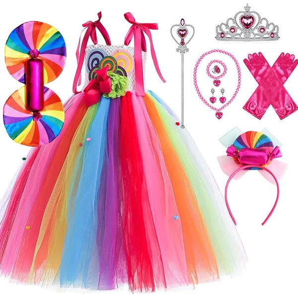 От 1 до 12 лет, милое детское сетчатое платье-пачка с леденцами и конфетами, карнавальный костюм для девочек на день рождения, нарядная детская свадебная одежда с радужной одеждой 240109