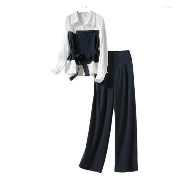 Pantaloni a due pezzi da donna SIGRTUMA Set da donna a maniche lunghe con scollo a V Camicette Camicie e top con elastico in vita Set di pantaloni slim da donna