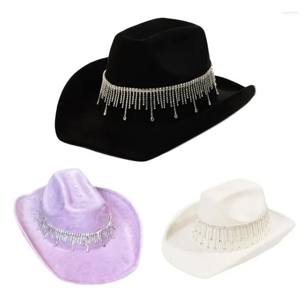 Berretti Elegante cappello da cowgirl per addio al nubilato Addio al nubilato bianco Nappe scintillanti a tesa larga DXAA