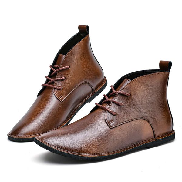 Moda Dedo Apontado Vestido Masculino Na Moda High Top Couro Marrom Para Negócios Casual Lace-up Sapatos Formais Homens