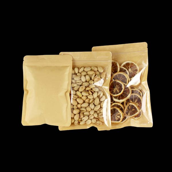 Açık ön düz kraft kağıt ambalaj torbaları hava geçirmez plastik kese gıda kurabiyeleri için plastik kese şeker atıştırmalık kuru bitki kahve çekirdeği çayı kurutulmuş meyve fıstığı çekirdekleri tohumlar pirinç depolama